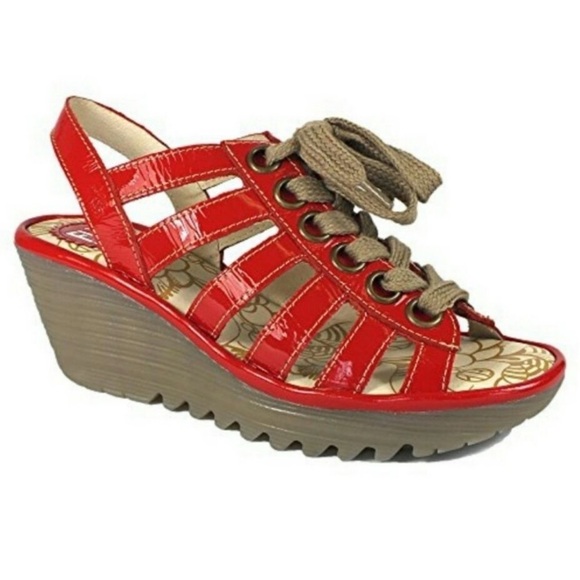 Fly London Yito Demani Red Leather Wedge Sandals - Size 36 - Picture 1 of 12